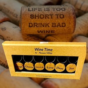 NIB Anna Stay Wine Time Wine Cork Charms (6) Laugh Cheers Dream Love Dare Joy